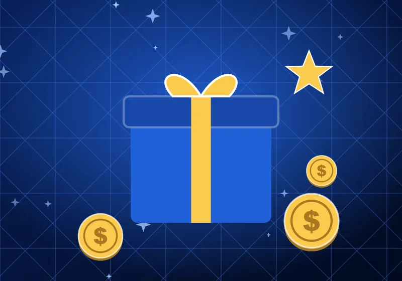 TrueBlue Casino bonuses and promotions TrueBlue Casino bonuses illustration: a blue gift box with a gold ribbon, coins and a star