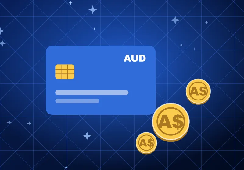 TrueBlue Casino payments in AUD Blue payment card marked AUD next to a stack of A$ coins